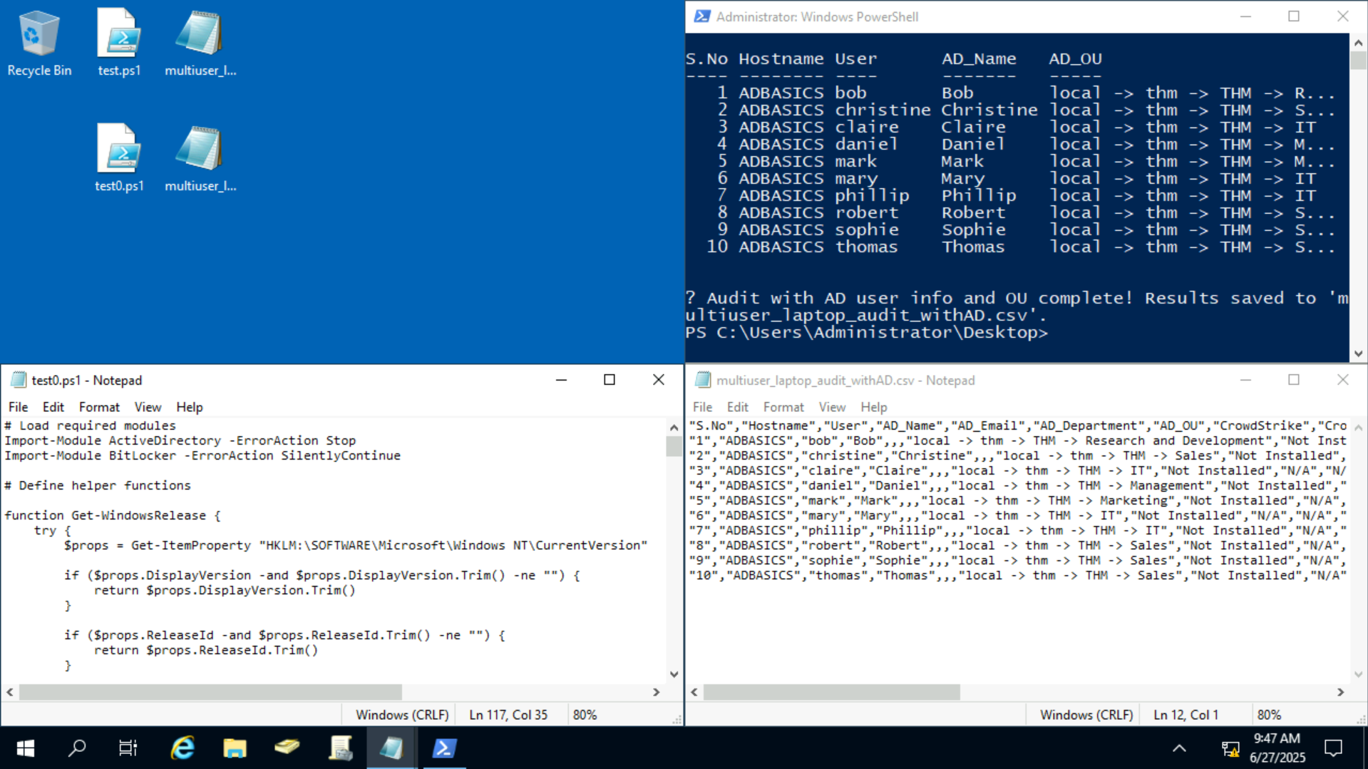 Sample output of the multi-user AD script showing hostname and AD details.