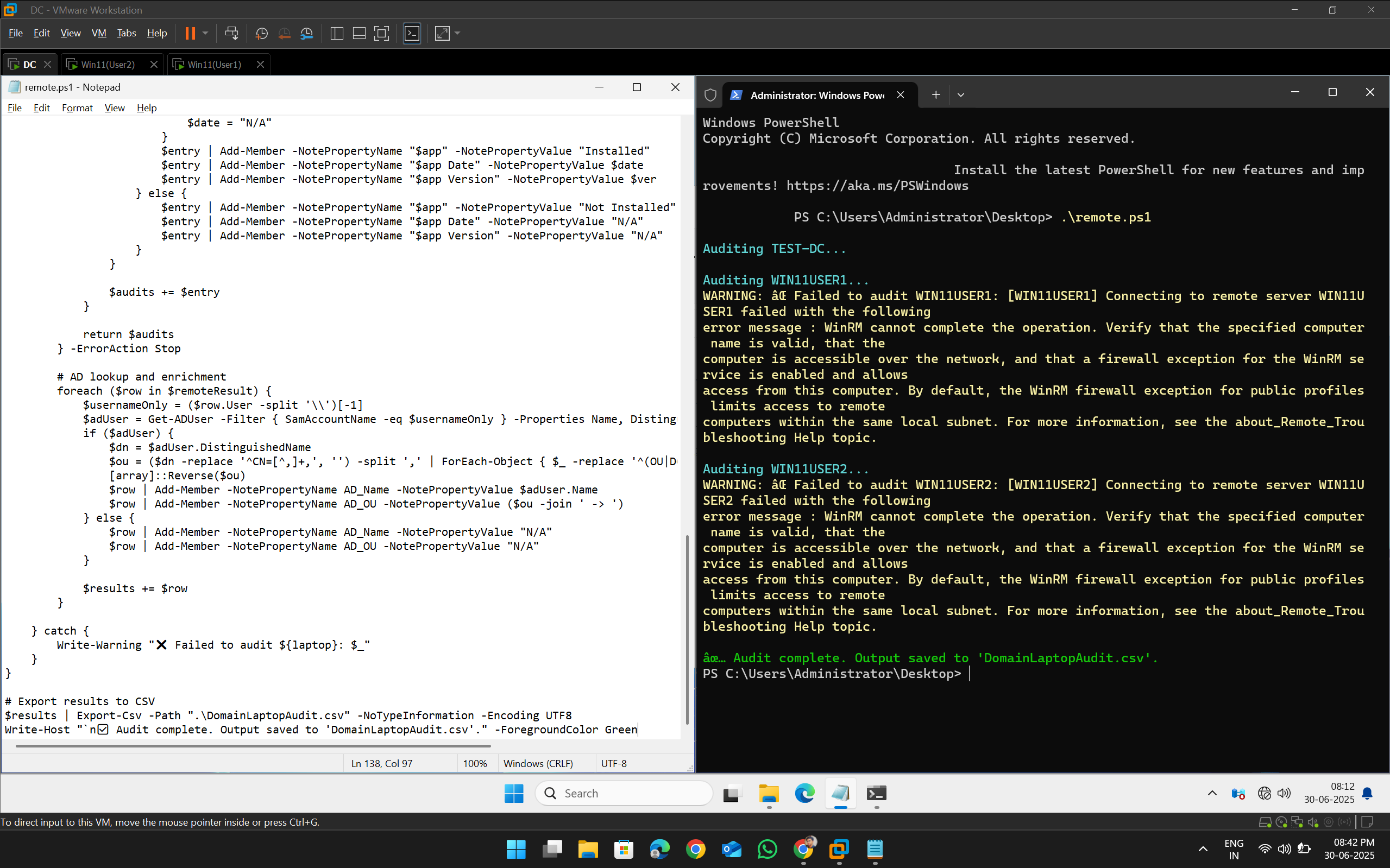Remote Audit Output showing failed/inactive device status